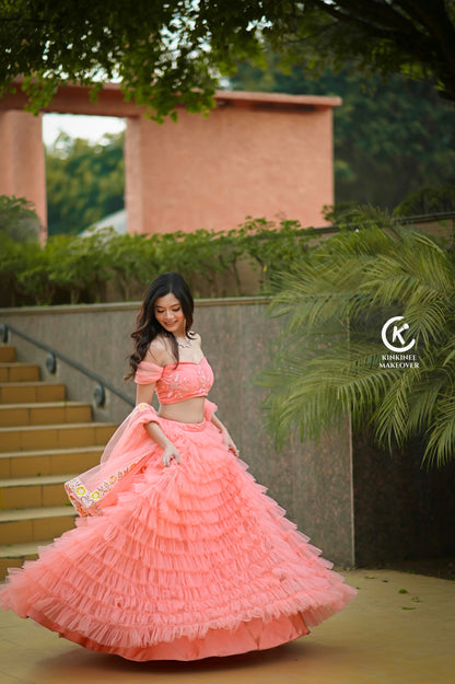 Peachy Mermaid Tulle Lehenga