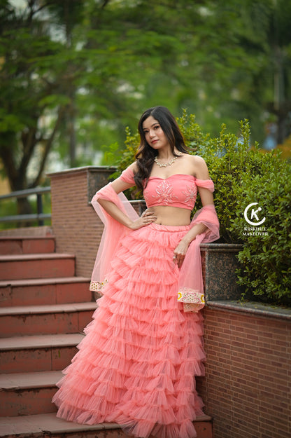 Peachy Mermaid Tulle Lehenga