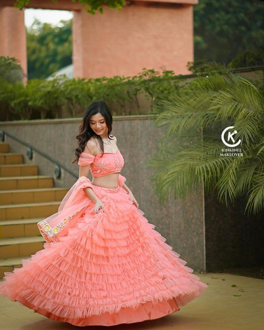 Peachy Mermaid Tulle Lehenga